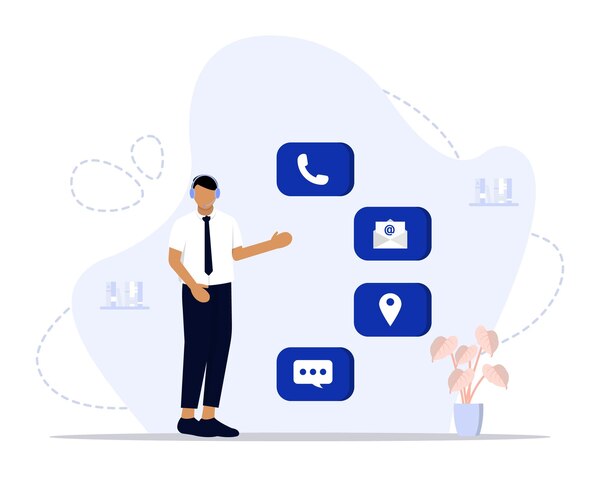 Business Virtual Phone Number: A Smart Communication Solution A Professional Man Presenting Various Communication Icons, Including Phone, Email, and Chat