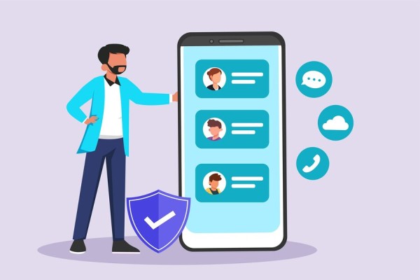 Buy Custom Phone Number to Match Your Brand An Illustration of a Businessman Standing Next to a Large Smartphone Screen Displaying Contact Profiles, with Security and Communication Icons