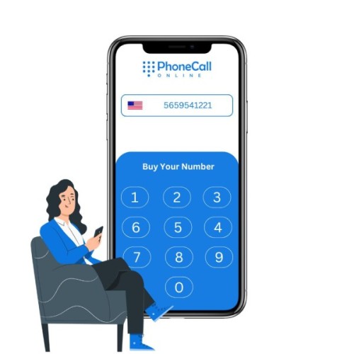 A Woman Sitting on a Chair, Using Her Smartphone While a Large Phone Screen Displays an Online Number from Phone Call Online