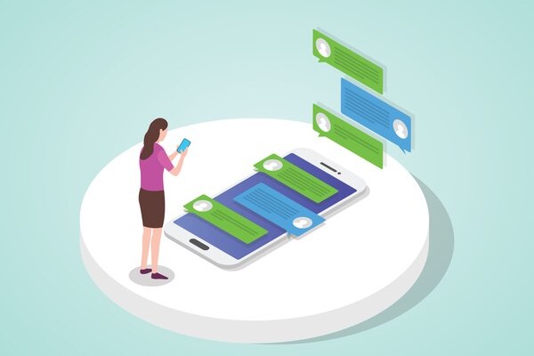 Buy a Phone Number Online – Quick & Secure A Woman Using a Smartphone, Interacting with Floating Chat Bubbles and Call Notifications