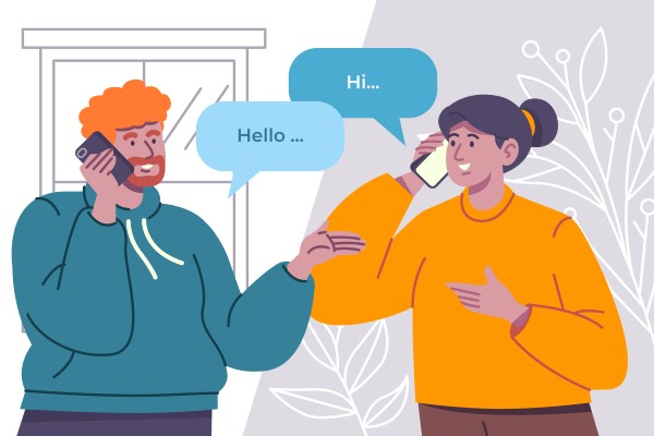 Two People Chatting on Phones with Speech Bubbles