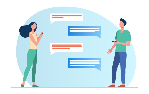 Flexible & Hassle-Free Setup Illustration of a Man and Woman Exchanging Text Messages on Their Mobile Phones, Representing Seamless Online Communication