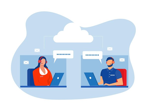 Two Customer Support Agents Connected Via Cloud-Based VoIP System