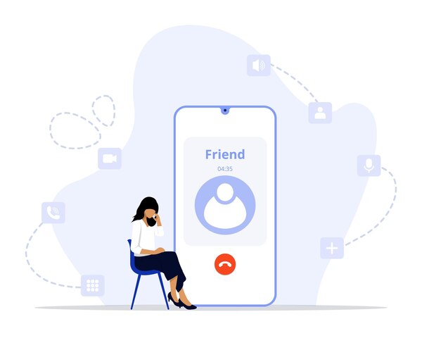 Get a Virtual Phone Number in Seconds A Woman Sitting on a Chair While Making a Call, with a Smartphone Screen Displaying an Ongoing Call with "Friend"