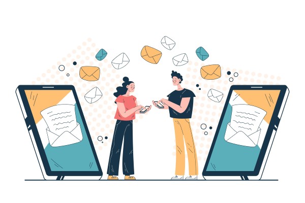 Reliable & Anonymous SMS Reception Illustration of Two Individuals Transferring Messages Between Oversized Smartphones, Symbolizing Fast and Secure Digital Communication