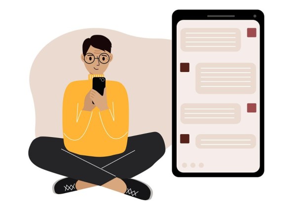 US Receive SMS Online – Get a Virtual Number in Seconds Illustration of a Young Man Using a Smartphone for Messaging, with a Large Screen Displaying Chat Bubbles
