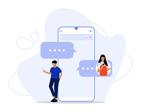 Virtual Phone Number SMS for Instant Messaging A Man and a Woman Exchanging Text Messages on a Large Virtual Smartphone Screen
