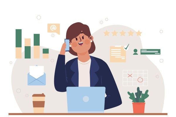 A Businesswoman Using an Online Phone Call Service While Working on Her Laptop, Surrounded by Productivity Icons
