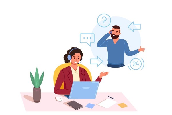 Customer Service Representative Assisting a Caller Through an Online Phone Call with 24/7 Support Icons
