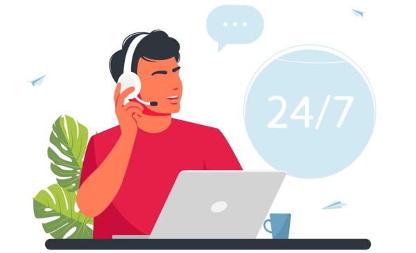 Instant Numbers, No Long-Term Commitment A Woman with a Headset Works on a Laptop, Providing Online Customer Support with Icons Indicating 24/7 Availability, Technical Assistance, and Phone Communication