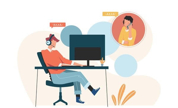 Three Women Communicate Online in a Stylized Office with Chat Bubbles and Laptops