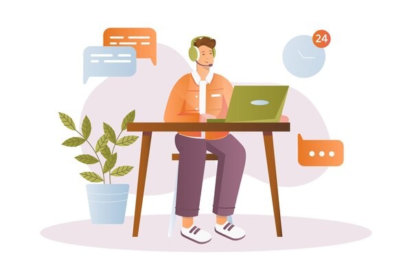 A Woman with a Headset Works on a Laptop, Providing Online Customer Support with Icons Indicating 24/7 Availability, Technical Assistance, and Phone Communication