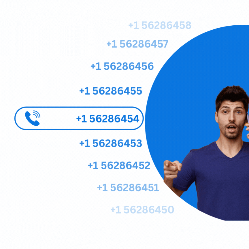 Temporary Phone Number A Gif Showing a Man on a Phone Call with a Series of Phone Numbers Displayed in a Circular Arrangement. The Number +1 56286454 Is Highlighted, Indicating It's Currently in Use. The Man Appears to Be Engaged in a Conversation, Representing the Concept of Using Temporary or Virtual Phone Numbers