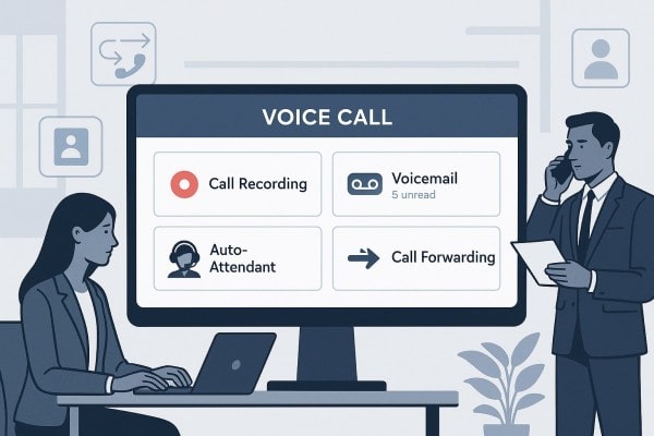 A Man Holds a Phone, Video Calling a Man on One Large Screen and a Woman on Another. Chat Icons and Plants Surround the Screens, Suggesting Online Communication