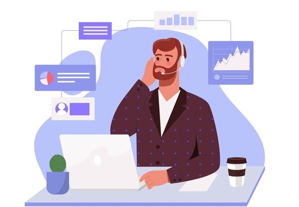 A Man Holds a Phone, Video Calling a Man on One Large Screen and a Woman on Another. Chat Icons and Plants Surround the Screens, Suggesting Online Communication