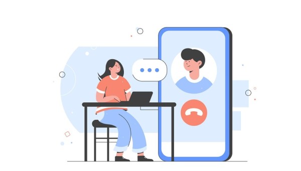 A Man Holds a Phone, Video Calling a Man on One Large Screen and a Woman on Another. Chat Icons and Plants Surround the Screens, Suggesting Online Communication