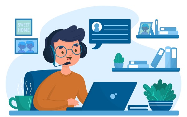 A Woman with a Headset Works on a Laptop, Providing Online Customer Support with Icons Indicating 24/7 Availability, Technical Assistance, and Phone Communication