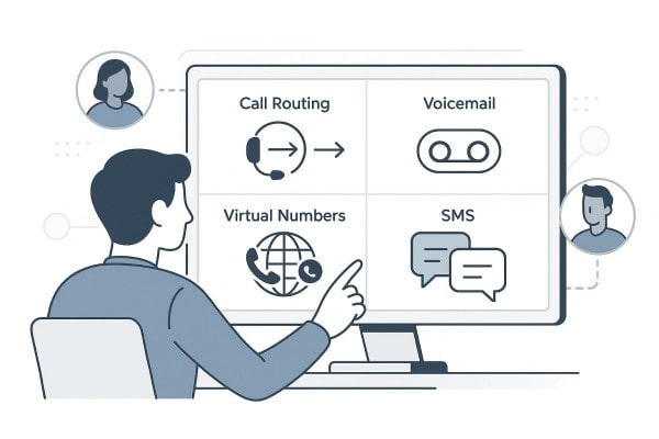 A Man Holds a Phone, Video Calling a Man on One Large Screen and a Woman on Another. Chat Icons and Plants Surround the Screens, Suggesting Online Communication