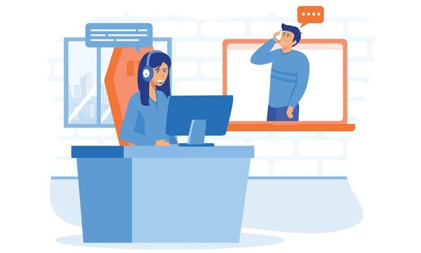 Three Women Communicate Online in a Stylized Office with Chat Bubbles and Laptops