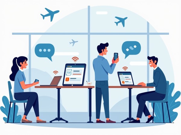 A Man Holds a Phone, Video Calling a Man on One Large Screen and a Woman on Another. Chat Icons and Plants Surround the Screens, Suggesting Online Communication