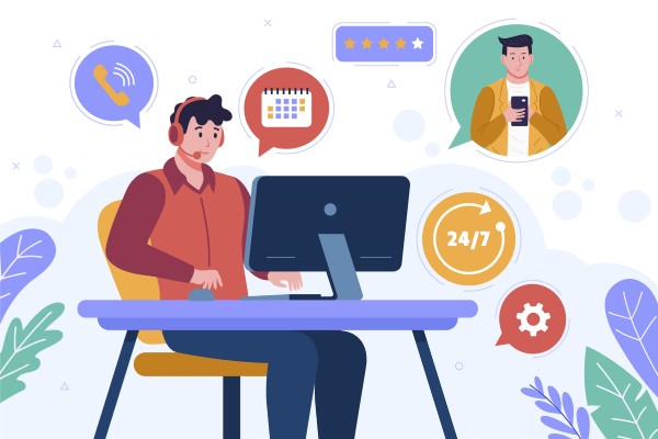 Three Women Communicate Online in a Stylized Office with Chat Bubbles and Laptops