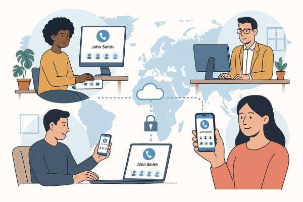 Three Women Communicate Online in a Stylized Office with Chat Bubbles and Laptops