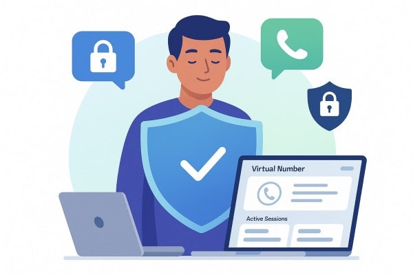 A Man Holds a Phone, Video Calling a Man on One Large Screen and a Woman on Another. Chat Icons and Plants Surround the Screens, Suggesting Online Communication