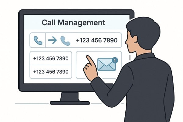 A Man Holds a Phone, Video Calling a Man on One Large Screen and a Woman on Another. Chat Icons and Plants Surround the Screens, Suggesting Online Communication