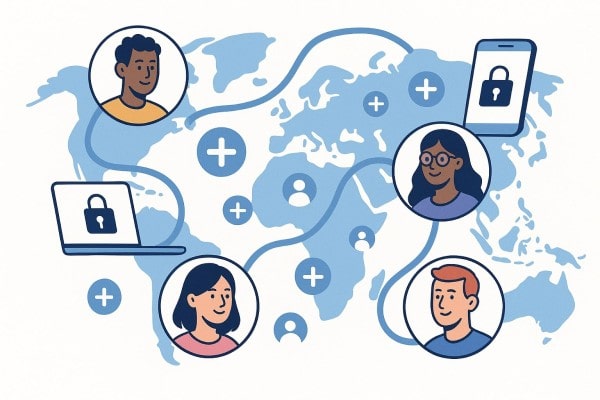 Three Women Communicate Online in a Stylized Office with Chat Bubbles and Laptops