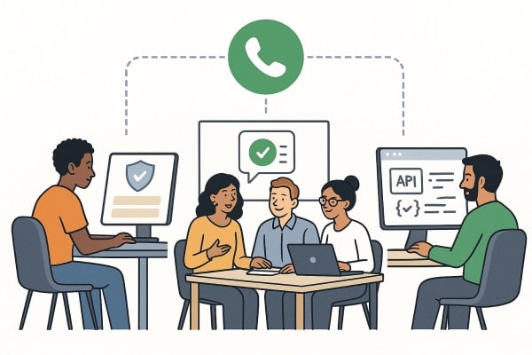 Three Women Communicate Online in a Stylized Office with Chat Bubbles and Laptops