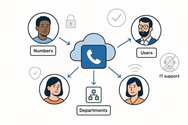 Three Women Communicate Online in a Stylized Office with Chat Bubbles and Laptops