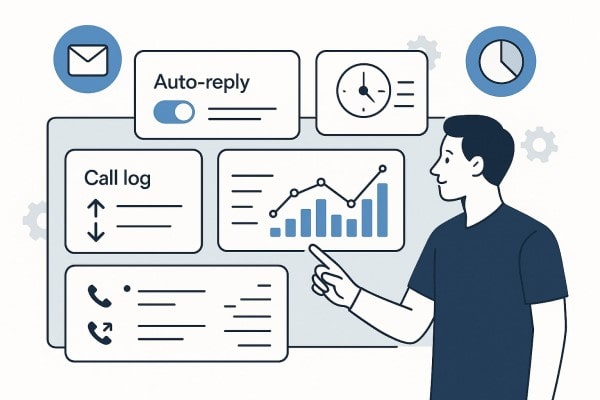 A Man Holds a Phone, Video Calling a Man on One Large Screen and a Woman on Another. Chat Icons and Plants Surround the Screens, Suggesting Online Communication