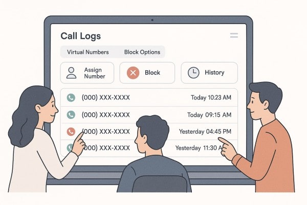 Three Women Communicate Online in a Stylized Office with Chat Bubbles and Laptops