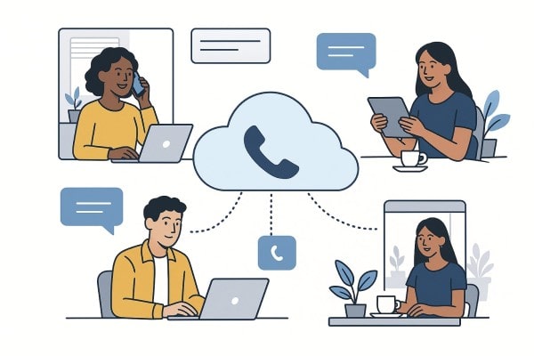 Four People Are Working Collaboratively. Two Are Using Laptops, One Is Holding a Tablet, and Another Is at a Desktop Computer. Icons of Numbers, a Calendar, and a Megaphone Suggest Coordination and Planning