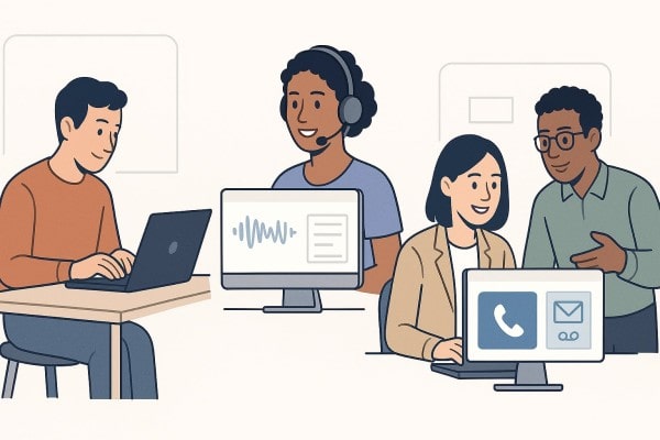 Four People Are Working Collaboratively. Two Are Using Laptops, One Is Holding a Tablet, and Another Is at a Desktop Computer. Icons of Numbers, a Calendar, and a Megaphone Suggest Coordination and Planning