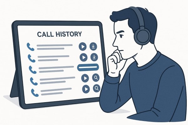 Illustration of a Person in Blue Using a Laptop at a Desk. Screen Shows a Webpage Titled "Assign Number" with a List of Phone Numbers