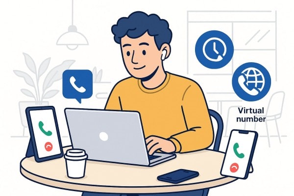 Four People Are Working Collaboratively. Two Are Using Laptops, One Is Holding a Tablet, and Another Is at a Desktop Computer. Icons of Numbers, a Calendar, and a Megaphone Suggest Coordination and Planning