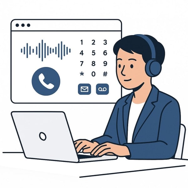 A Person Stands Pointing at a Large Smartphone Displaying a List of Phone Numbers and an "Add Number" Button. A Desk with a Computer Is in the Background