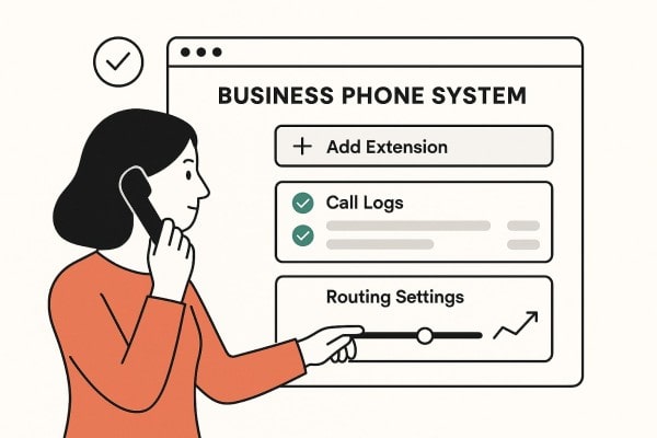 Illustration of a Person in Blue Using a Laptop at a Desk. Screen Shows a Webpage Titled "Assign Number" with a List of Phone Numbers