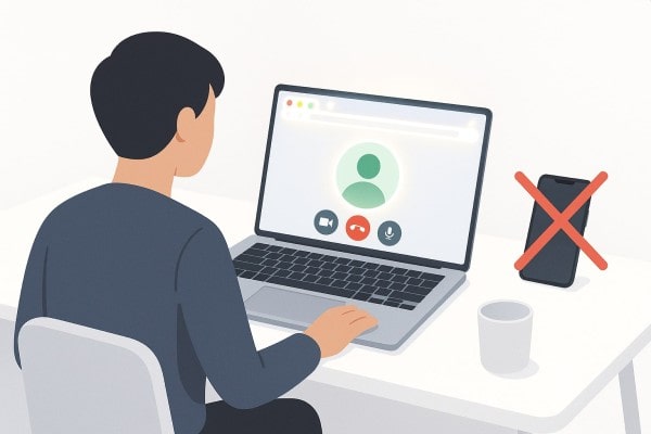 A Person in a Red Sweater, Blue Pants, and Smiling, Messages on a Phone and Laptop at a Table. Flags and Chat Icons Suggest International Communication