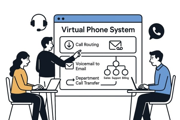 A Person in a Red Sweater, Blue Pants, and Smiling, Messages on a Phone and Laptop at a Table. Flags and Chat Icons Suggest International Communication