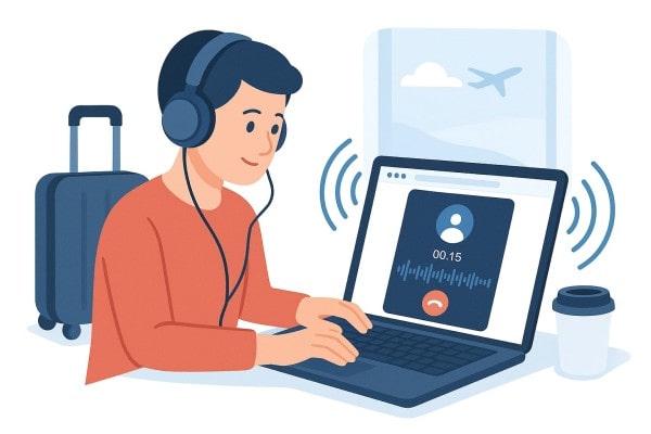 Illustration of a Person in Blue Using a Laptop at a Desk. Screen Shows a Webpage Titled "Assign Number" with a List of Phone Numbers